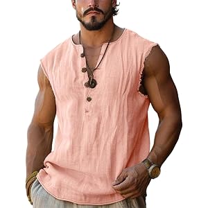 Men's Vintage Tank Tops Faux Linen Sleeveless Workout Gym Henley Shirt Casual Lightweight Summer Beach Raw Edge Tops