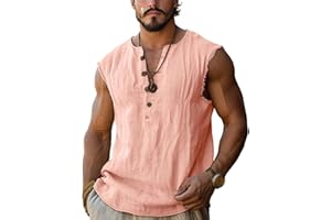 Cotton Linen Tank Tops for Men Solid Color Sleeveless Muscle Workout Gym Henley Shirts Casual Button Slim Fit Tee