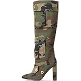 Arqa Women's Camo Knee High Boots Pointed Toe Block Heel Camouflage Boot with Metal Buttons Multiple Pockets Boot