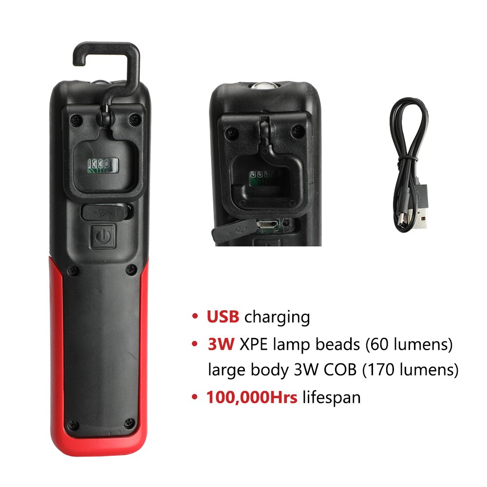Three trees LED Cordless Work Light COB Rechargeable Portable Hand Held Work Lamp With Hanging Hook, Magnetic Holders, 1200mAh Charging, Multifunction Flashlight (red)