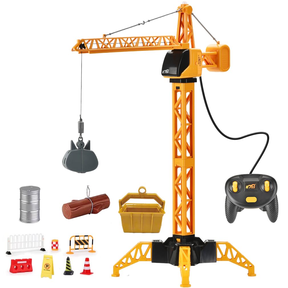 Photo 1 of 28-Inch RC Construction Tower Crane Toy for Kids, 4 Channel Remote Control Crane Toy with LED Light, Grabber, Log, Lifting Basket, 360° swivel, STEM Educational Learning Toys for Boys Ages 3 and Up