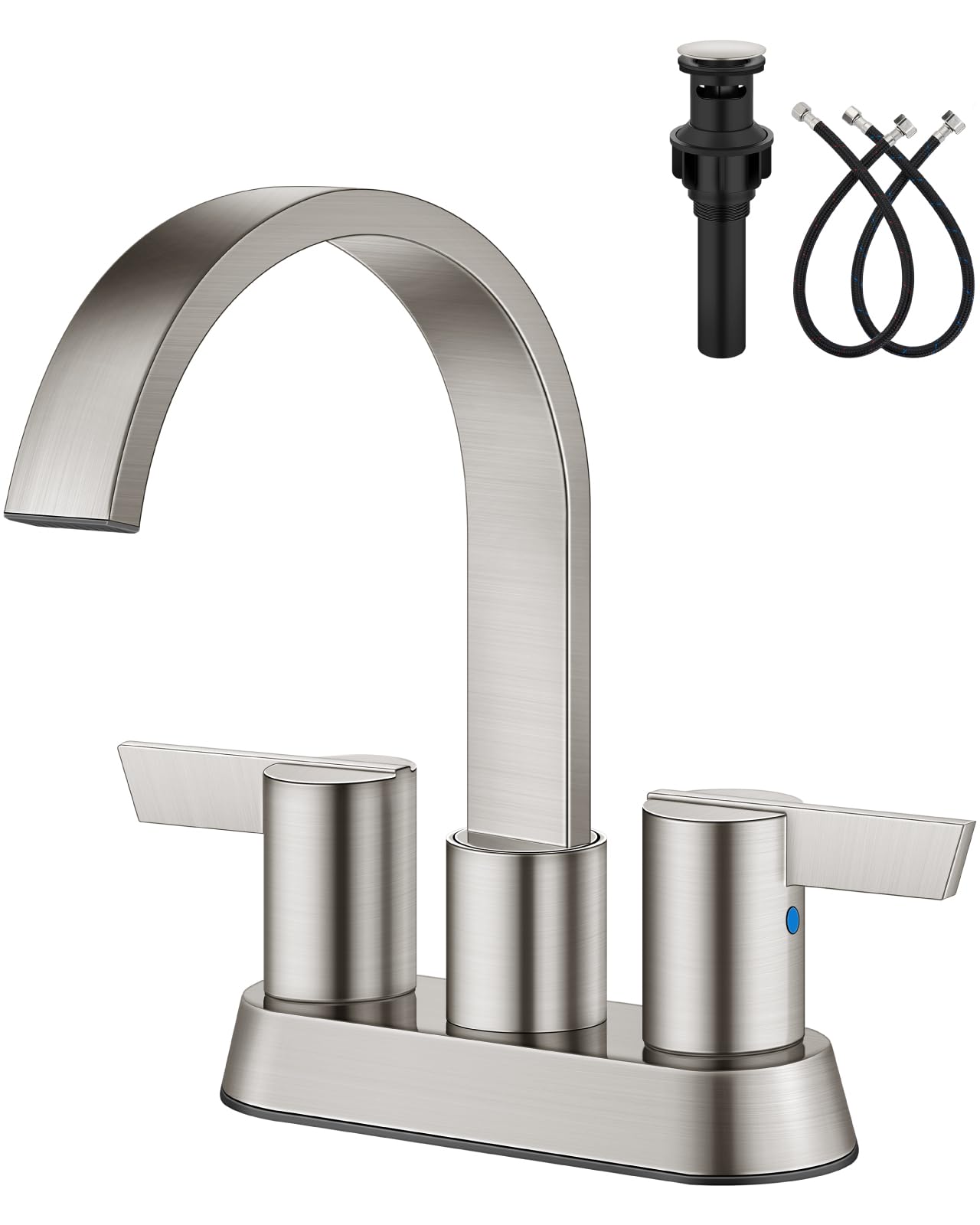 Photo 1 of Aolemi Bathroom Faucets for Sink 3 Hole,4 Inch Centerset Waterfall Faucet 2 Handle for Bathroom Sink with Pop-Up Drain and Supply Lines Brushed Nickel