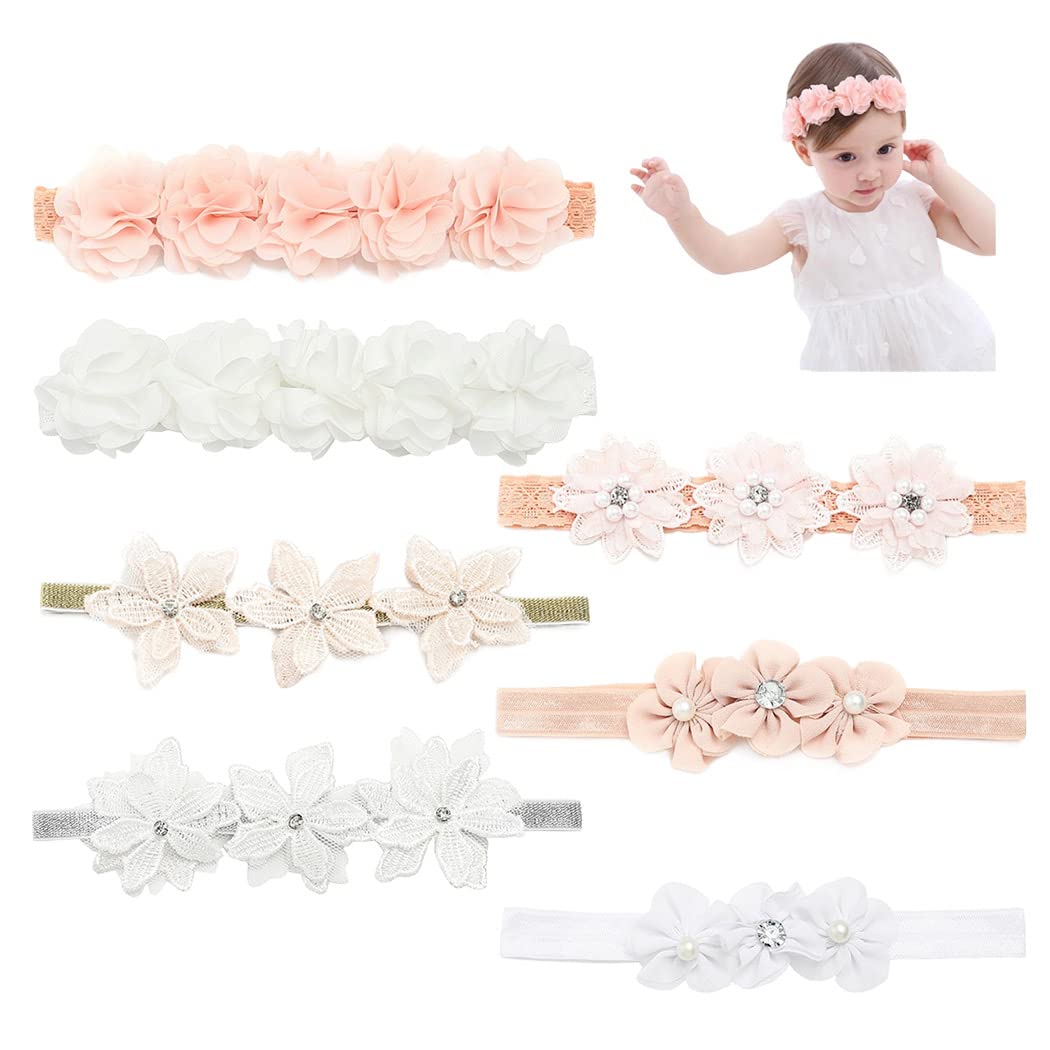 IYOU Baby Girls Headband Floral Pink Hair Bands with Grosgrain Ribbon Headwear Party Wedding Photography Hair Accessories for Kids(Pack of 7) (Pink2)