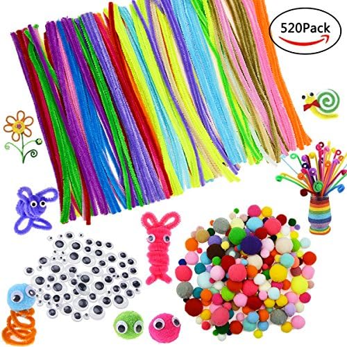 520Pcs Pipe Cleaners Craft Set,OWEV 200pcs Pompoms,200pcs Chenille Stems and 120pcs Wiggle Googly Eyes for DIY Crafts, Children Handmade Art Supplies,Home Decor Assorted Colors (L)