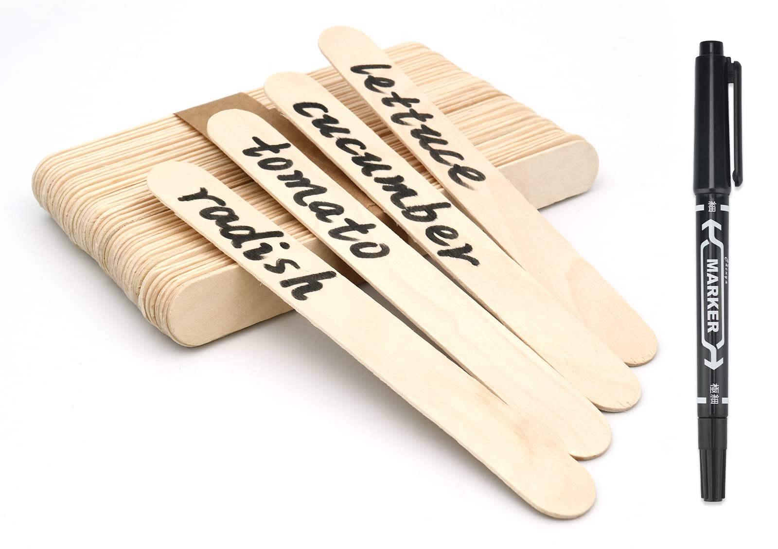 KINGLAKE 100Pcs Wooden Plant Labels with Pen, 15x1.6cm Wooden Garden Markers Tags Jumbo Natural Wood Sticks for Herb Seed Vegetable Flowers
