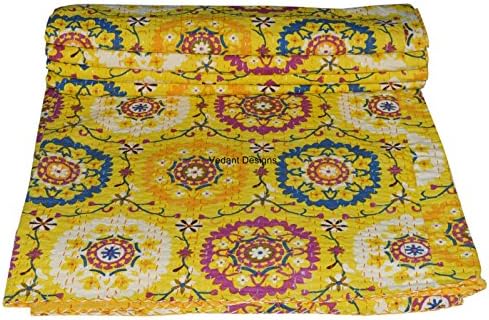 Indian Handmade Suzani Print Queen Cotton Kantha Quilt Bedspread Throw Blanket Gudaari 220x270 Cm