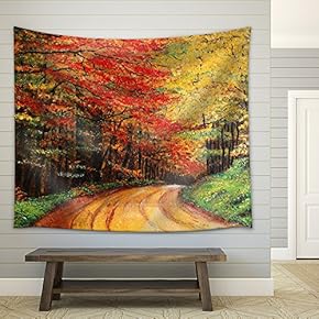 Colourfull Original Oil Painting Showing a Road Forest - Fabric Wall Tapestry Home Decor - 51x60 inches