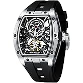 MF MINI FOCUS Unique Men Watches,Automatic Mechanical Watch,Luxury Hollow Tonneau Watches for Men with Stainless Steel Case and Silicon Band (Self-Wind Movement/5ATM Waterproof/Super_Luminous)