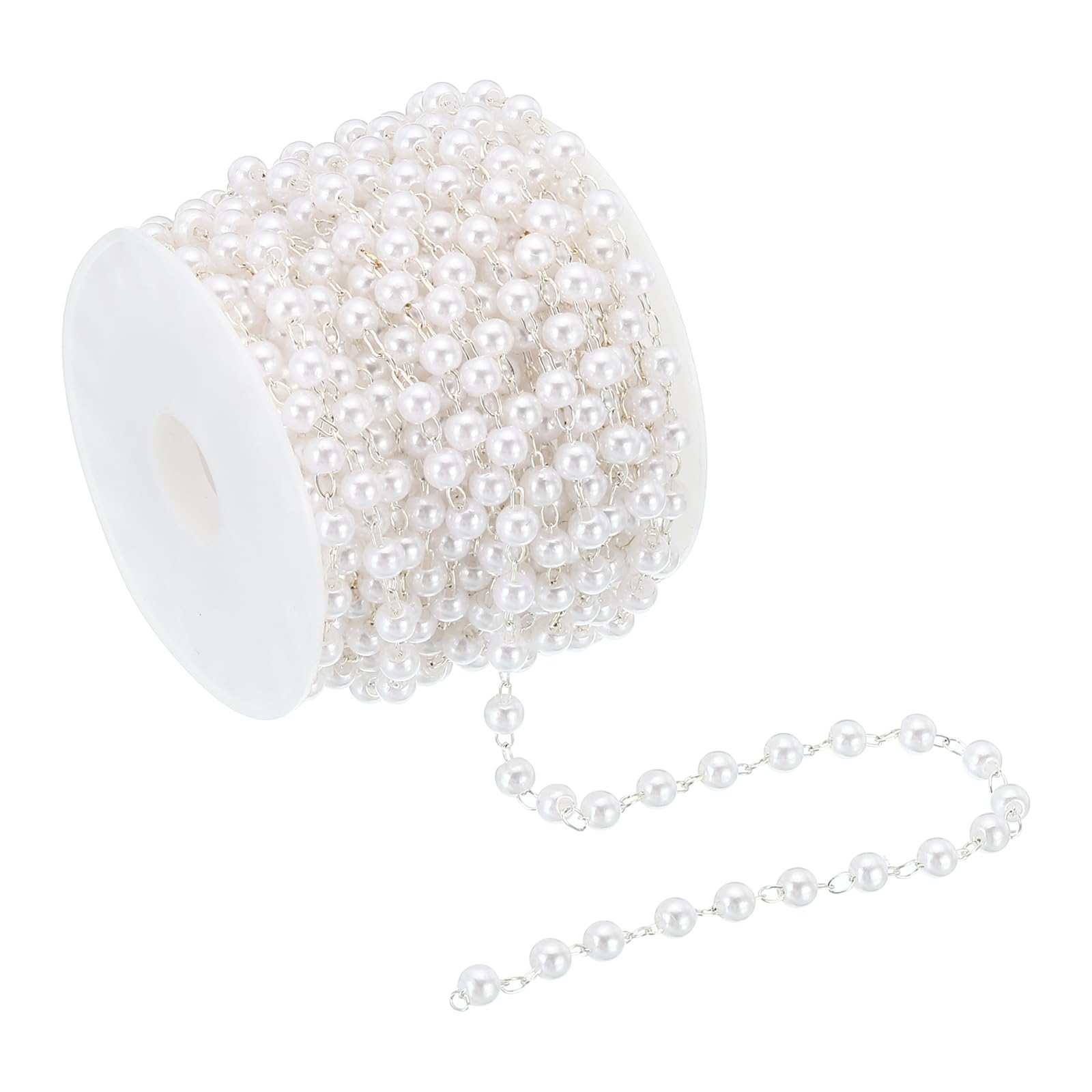 PATIKIL 5m/16 Feet Faux Pearl Beading Chain with Spool, 4mm Brass Chain Link for Decoration Making DIY Accessories Style 1, Light Silver