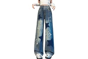 Teen Girls Jeans Youth Cute Star Straight Wide Leg Baggy Denim Pants Elastic High Waist Trendy Preppy Pockets Trousers