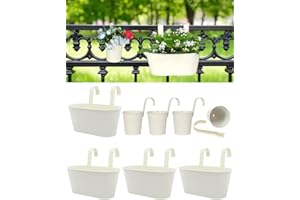 VENSOVO 4 Pcs 10.8” Metal Railing Planter for Outdoor Plants – 4 Pcs 3.9” Balcony Hanging Flower Pots with Detachable Hooks, Drainage, Oval Bucket Rail Box Fence Planters for Home Garden Décor, Cream White