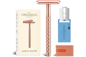 The Grooming Society Double Edge Safety Razor for Women with Silicone Cover & 10 Blades for Travel Metal Eco-Friendly Reusable Single Blade Razor for Shaving (Rose Gold)