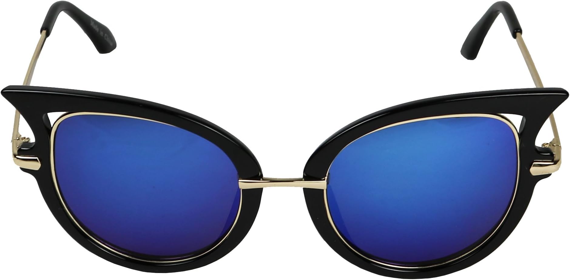ShadyVEU- Womens Designer Round Winged Mirrored Modern Cat Eye Rimmed Sunglasses (Black & Gold Frame, Blue Mirrored Lens)