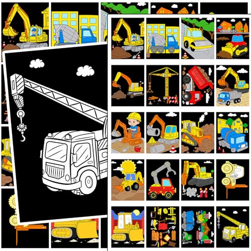 20pcs Construction Fuzzy Velvet Coloring Posters Velvet DIY Crafts Kits Color Your Own Construction Trucks Posters DIY Crafts for Family Time, Arts and Crafts, Travel, Quiet Time, Sharing, Party