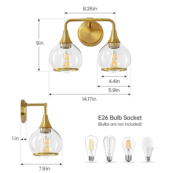 HAHZT GOLD BATHROOM LIGHT FIXTURES 2-LIGHTS VANITY LIGHTS WITH CLEAR GLASS SHADE BATHROOM VANITY LIGHT 14 INCH WALL SCONCES(EXCLUDE E26 BULB)…