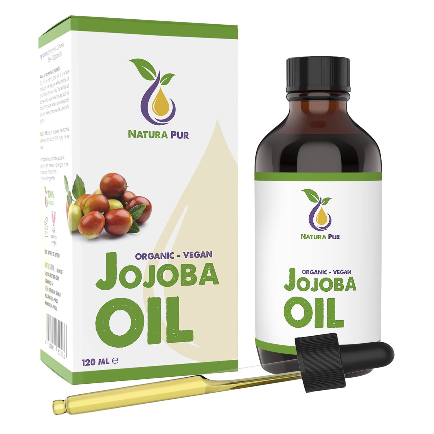 Jojoba Oil 120ml - 100% organic, cold pressed, vegan - anti-aging, anti-wrinkle serum for face, body, skin, hands, nails - pure natural carrier oil