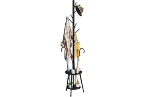 FILWH Freestanding Coat Rack with Umbrella Organizer Tray Bamboo Coat Tree Rack with 8 Hook Stand for Clothes Bag Hats Entryway Hanger Stand(Black)