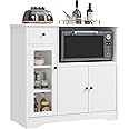 HORSTORS Microwave Cabinet, Kitchen Storage Cabinet with 3 Doors and 1 Drawer, Buffet Sideboard with Adjustable Shelves, Microwave Stand for Kitchen, Dining Room, White