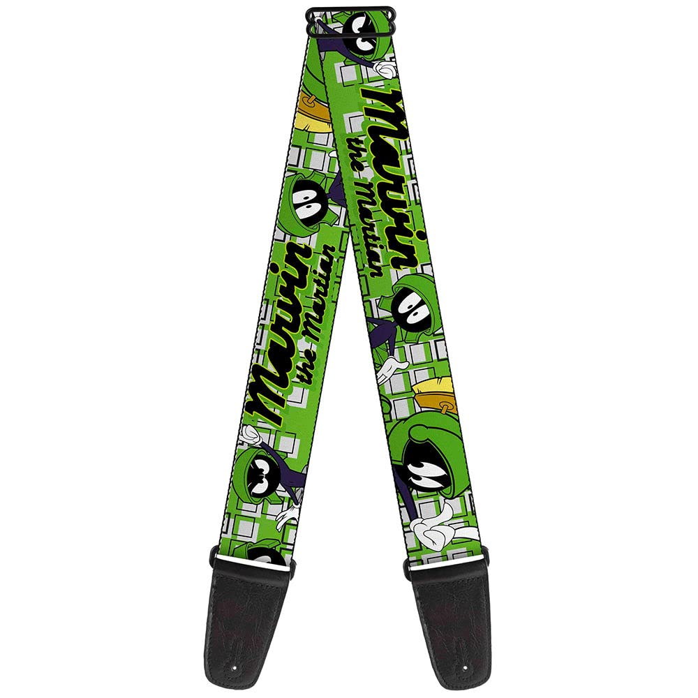 Looney Tunes Guitar Strap, Marvin the Martian Poses White Green, 2 Inches Wide