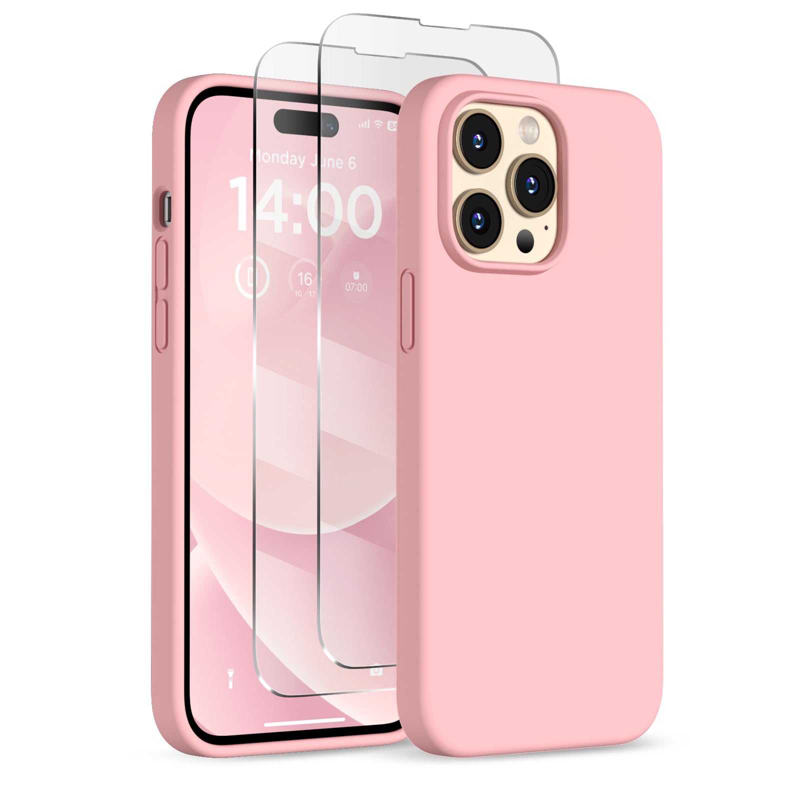 COFFKER Designed for iPhone 14 Pro Case, Liquid Silicone Case [2X Screen Protectors], Shockproof Protective Slim Thin Phone Case with Anti-Scratch Soft Microfiber Lining, 6.1 inch, Peach Pink