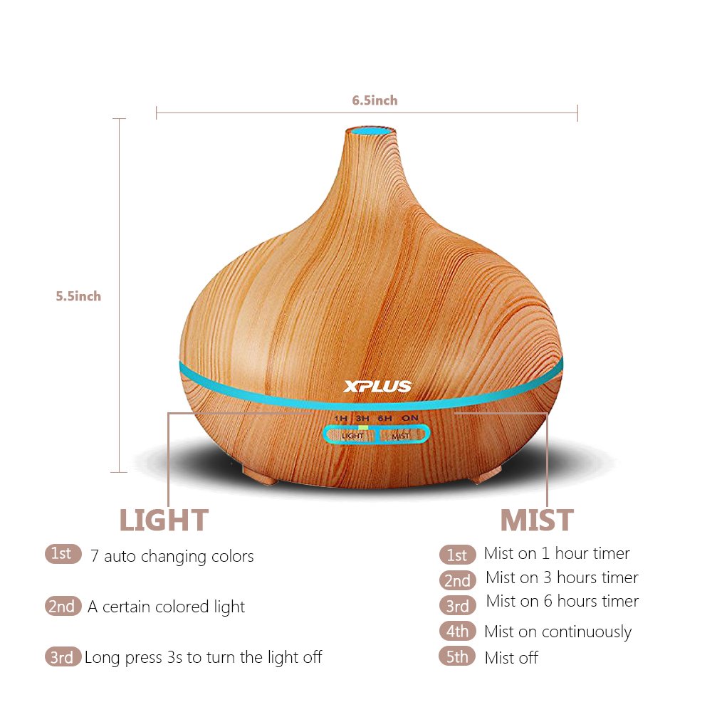 Essential Oil Diffuser,XPLUS 300ml Wood Grain Ultrasonic Cool Mist Humidifier With Adjustable Mist Mode,Multi-Color Light and Waterless Auto Shut-Off for Office Home Bedroom Living Room Study Yoga Spa (Wood Grain)