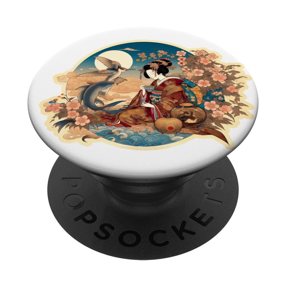 Geisha, Kimono, Japanese painting, Koi, Retro, Vintage, Art, PopSockets Swappable PopGrip