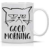 CBTwear Good Morning Funny Grumpy Cat 11oz White Ceramic Coffee Mug - Cute Unique Cat Mom Gifts for Birthdays, Anniversaries, or Any Occasion