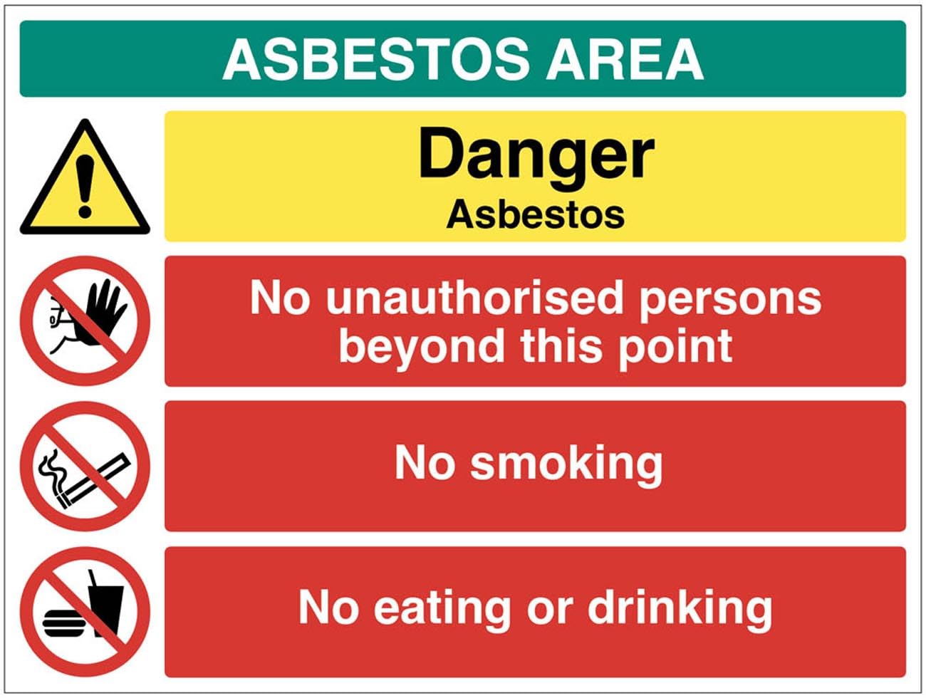 ASBESTOS AREA Danger Asbestos No unauthorised persons beyond this point No smoking No eating or drinking (semi rigid pvc safety sign)