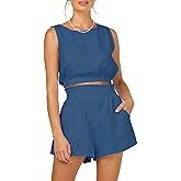 Eurivicy Women's 2pcs Summer Outfits Sleeveless Crop Tank Top and High Waist Pocketed Shorts Loose 2 Piece Short Sets