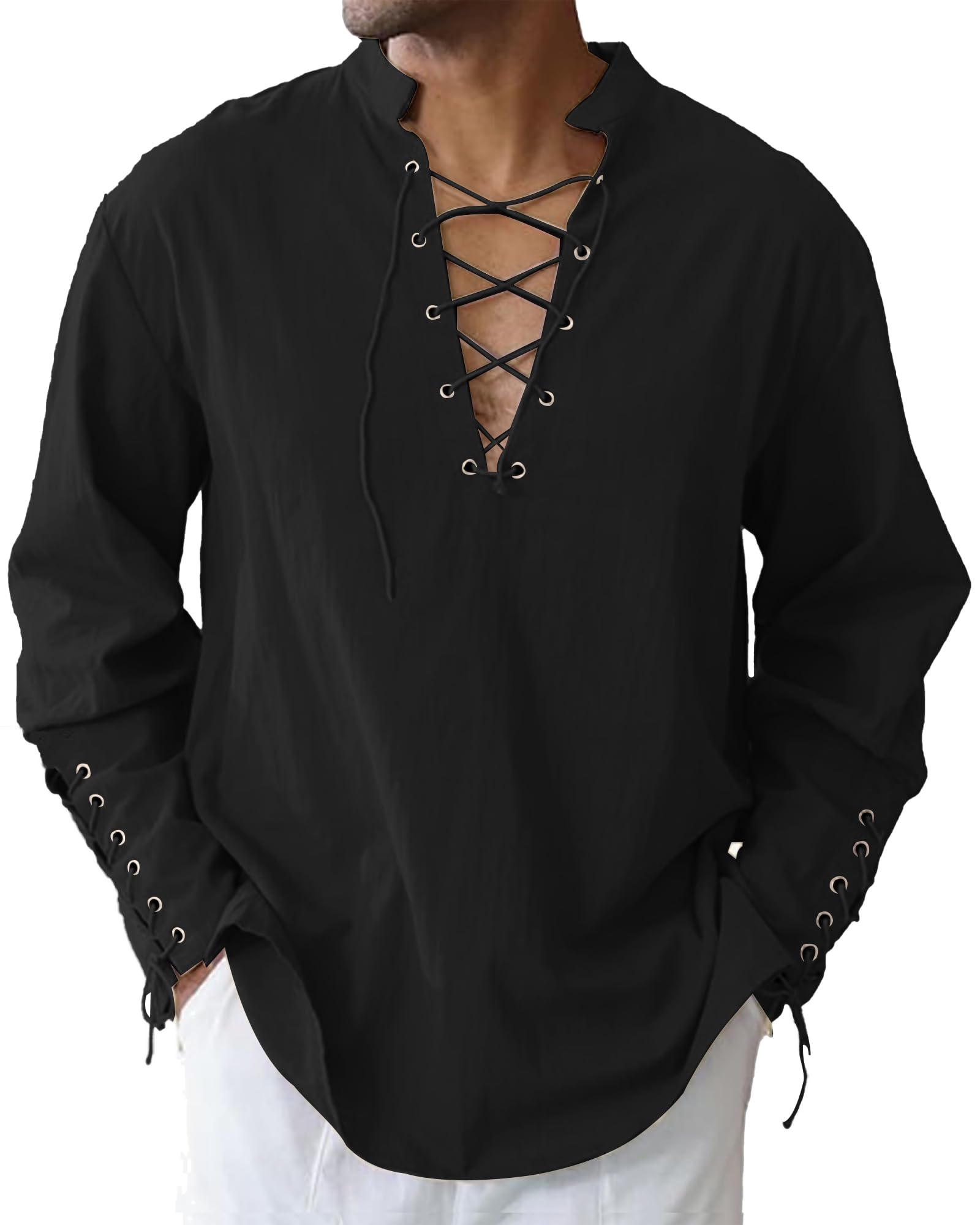 LVCBL Mens Linen Shirts Long Sleeve Drawstring Shirts Medieval Viking Pirate Halloween Costume Black L