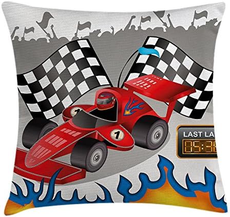 fengyijiating Kids Decor Throw Pillow Cushion Cover Race Car with Finish Line Flags Pilot and Flames with Abstract Gray Background Decorative Square Accent Pillow Casecolor 18 X 18 inch