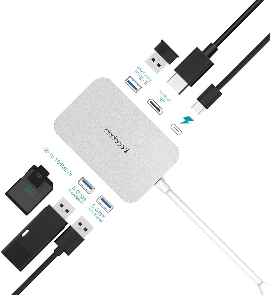 dodocool USB C Hub, 7-in-1 Type C Adapter Power Delivery with 4K HD Port, SD/TF Card Reader, 3 SuperSpeed USB 3.0 Ports for MacBook/MacBook Pro/Chromebook Pixel and More