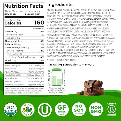 Orgain Organic Vegan Protein + 50 Superfoods Powder, Creamy Chocolate Fudge - 21g Plant Based Protein, 9g Prebiotic Fiber, No Lactose, Gluten Free, No Added Sugar, 2.02 lb (Packaging May Vary)