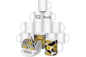Dmsky Sublimation Mugs 11 OZ Blank Bulk Coffee Mug White Ceramic Photo Cups Tazas Para Sublimation Cup 12 pack With Box, Heat Tape, sublimation paper Ideal for Crafts and Printing