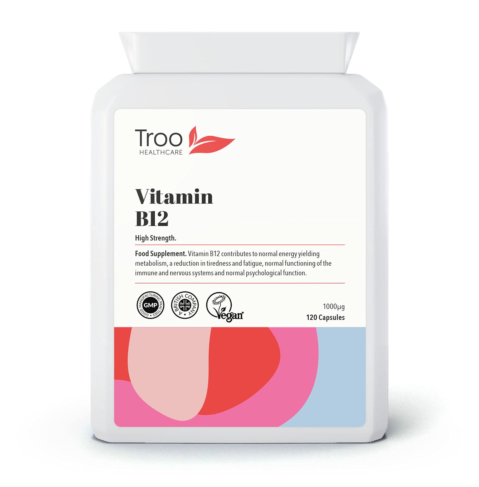 Troo Health Care Vitamin B12 Methylcobalamin Supplement 1 mg - 120 Easy Swallow Daily Capsules - High Strength 1000 mcg per Capsule – Energy and Nervous System Support - UK Made to GMP Standards