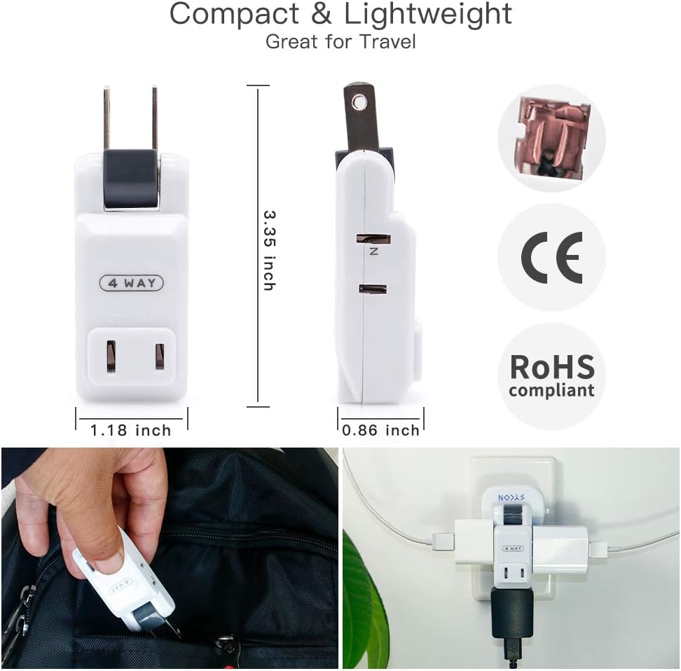 4 Outlet Wall Adapter, Sycon 2-Prong Swivel Ungrounded Indoor AC Mini Plug Wall Tap - White - - 
