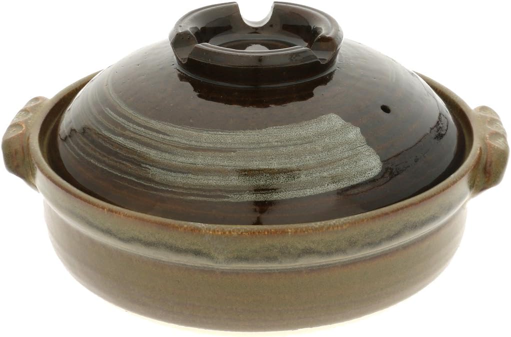 Kotobuki Donabe Japanese Hot Pot with Grey Brushstroke, Medium, Brown