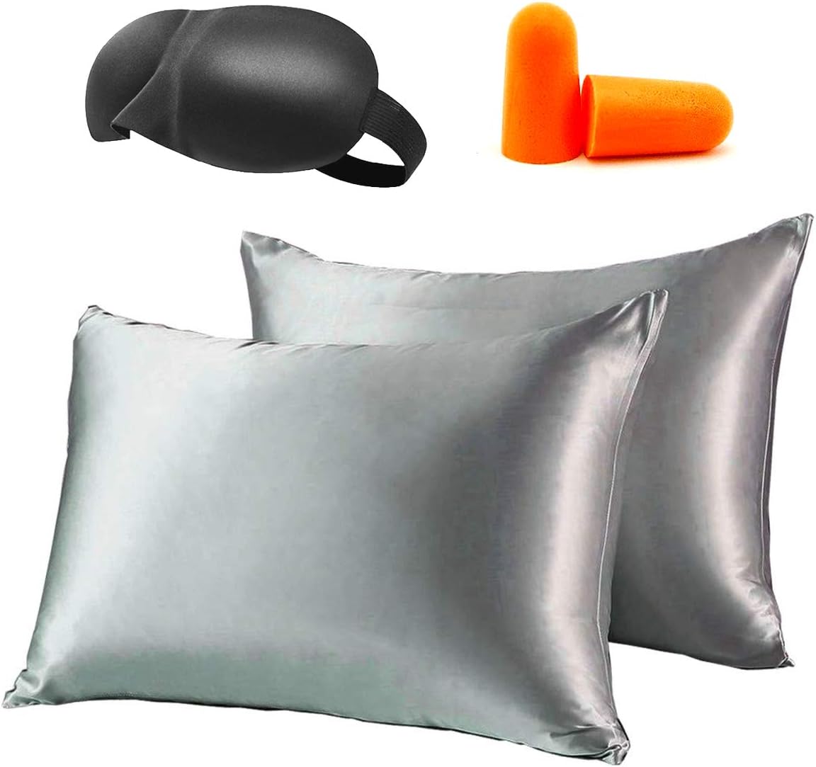 TANGGIFT Silk Satin Pillowcase for Hair and Skin-Hypoallergenic King Size Silk Pillowcase, Silky Silk Feel Satin Pillow Case and Eye Mask Set (Queen 2-Pack, Gray)