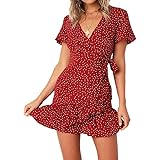 Naggoo Women's Summer Wrap V Neck Polka Dot Print Ruffle Short Sleeve Mini Floral Dress with Belt