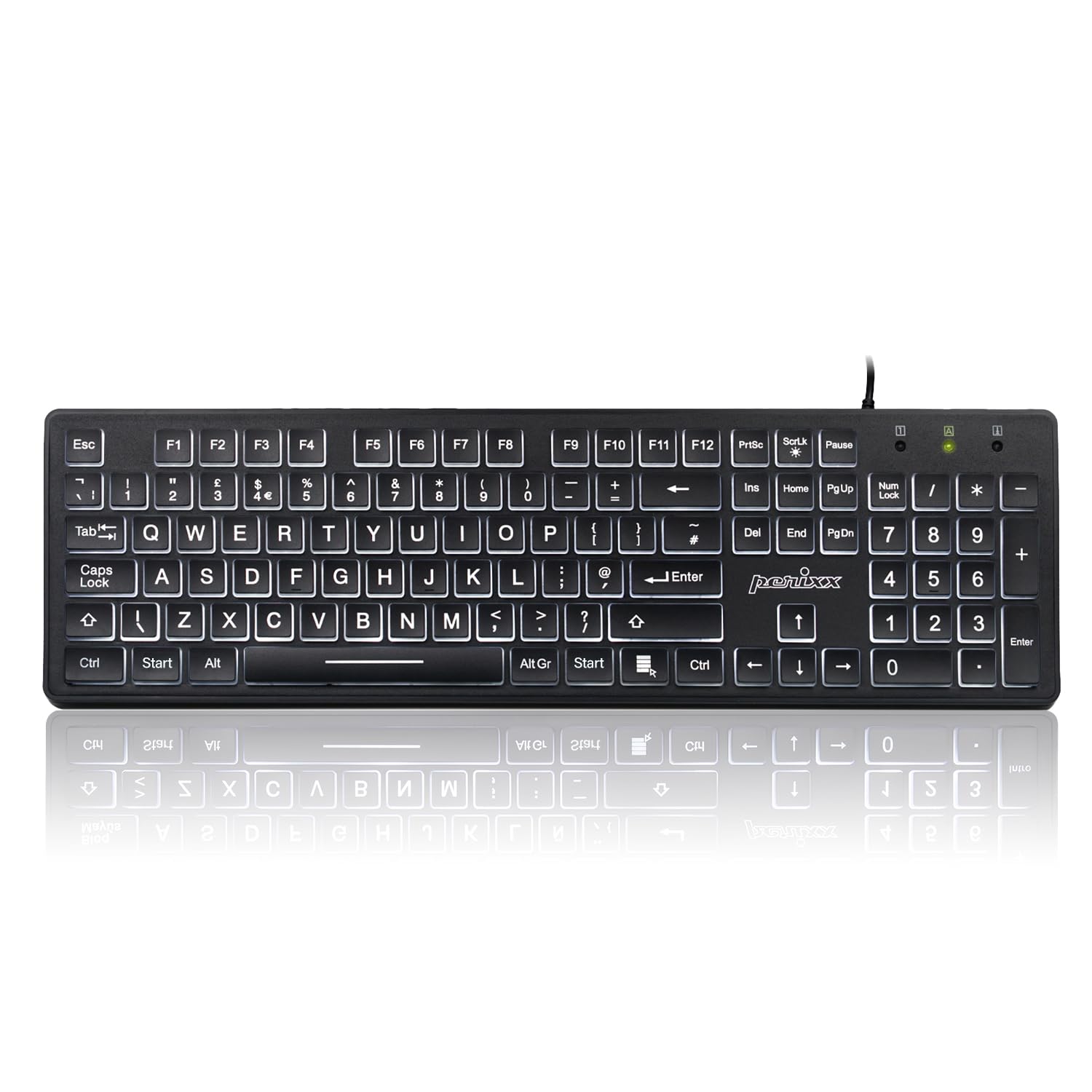Perixx PERIBOARD-317 Wired USB Keyboard, White LED Backlit, Big Print Illuminated Keys, UK QWERTY, Black