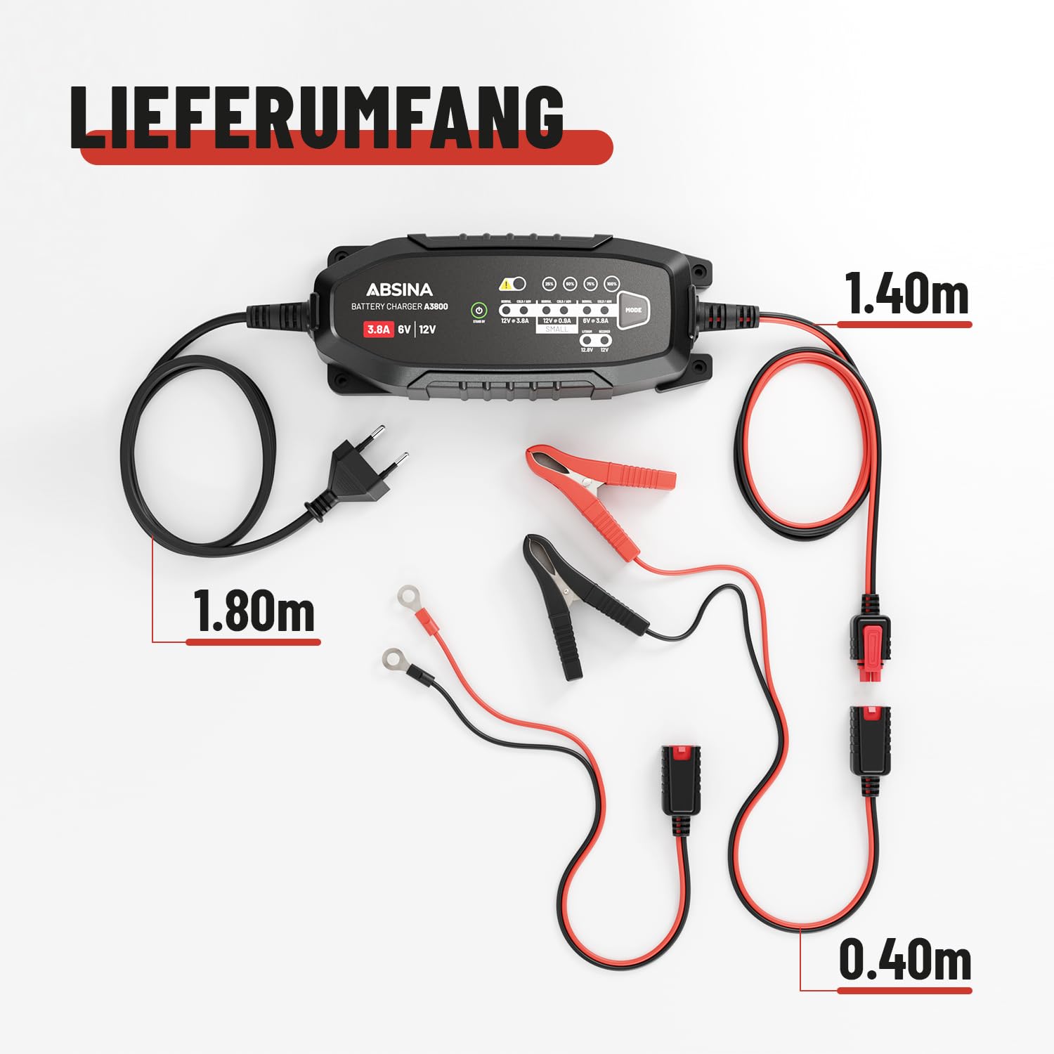 ABSINA 3,8 A Batterieladegerät KFZ für 6V & 12V Blei Batterie bis 120Ah & 12,8V Lithium - Ladegerät Autobatterie - AGM Ladegerät 12V für Auto Motorrad Wohnwagen - Erhaltungsladegerät 4
