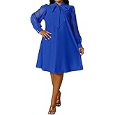 Ekaliy Women's Puff Sleeves A-Line Dress V Neck Bow Loose Flowy Cocktail Party Dress with Pockets