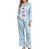 Brosloth Womens Silk Pajamas Bow Long Sleeve Satin Pajama Set Silky Button Down Fall Pjs Loungewear Sets