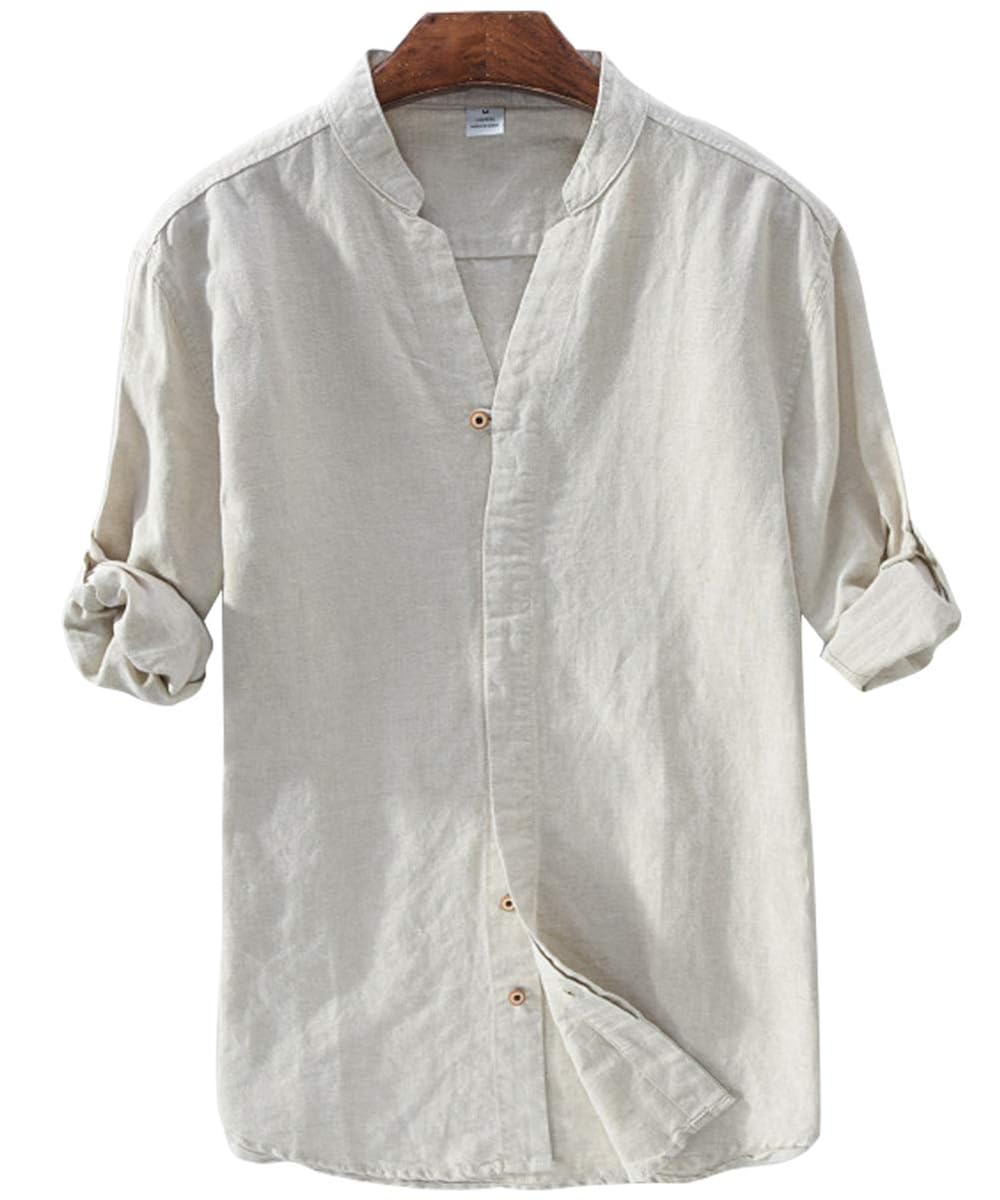 メンズ シャツ 柔らかい 無地 綿麻リネン スリムフィット 綿麻シャツ 長袖 半袖 春 夏Khaki 3XL
