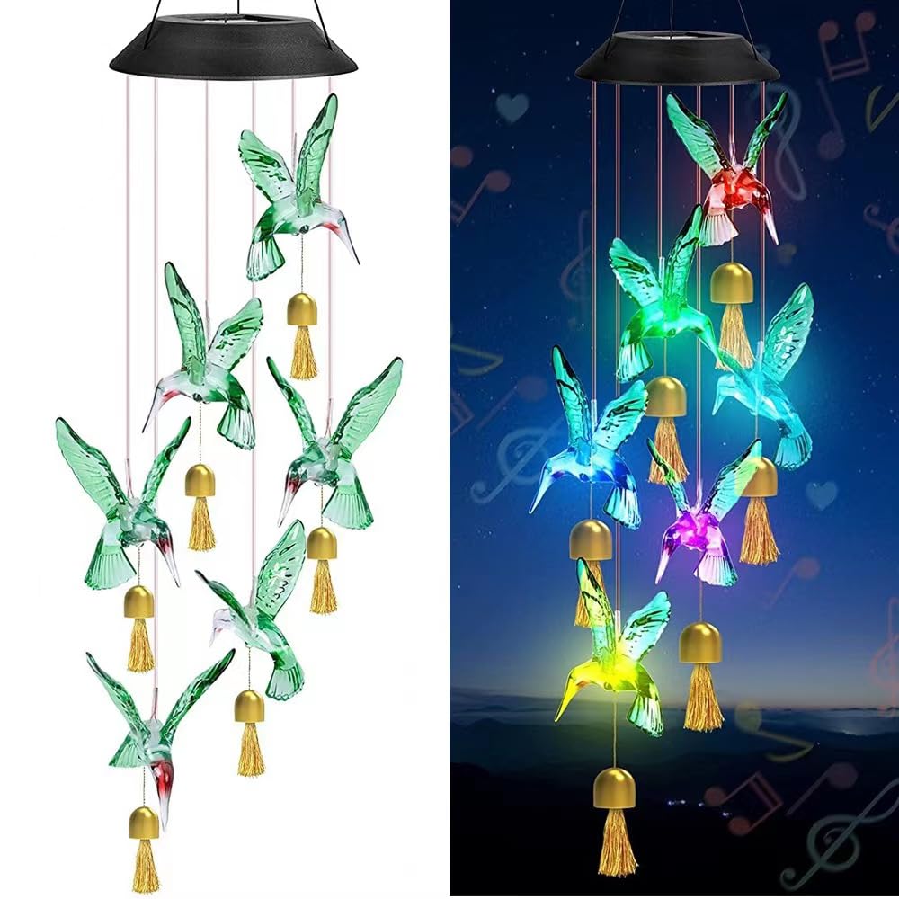 YZYOE Solar Hummingbird Decorative Wind Chime Light with Bell， A Gift for Friends with Movable LED Colorful Outdoor Decorative Lights.