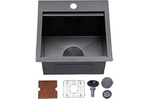 IKEBANA 15 Inch Black Bar Sink, Top Mount 15x15 Small Kitchen Sink, 16 Gauge Stainless Steel Wet Bar Sink,Drop In Outdoor Rv Sinks With Accessories