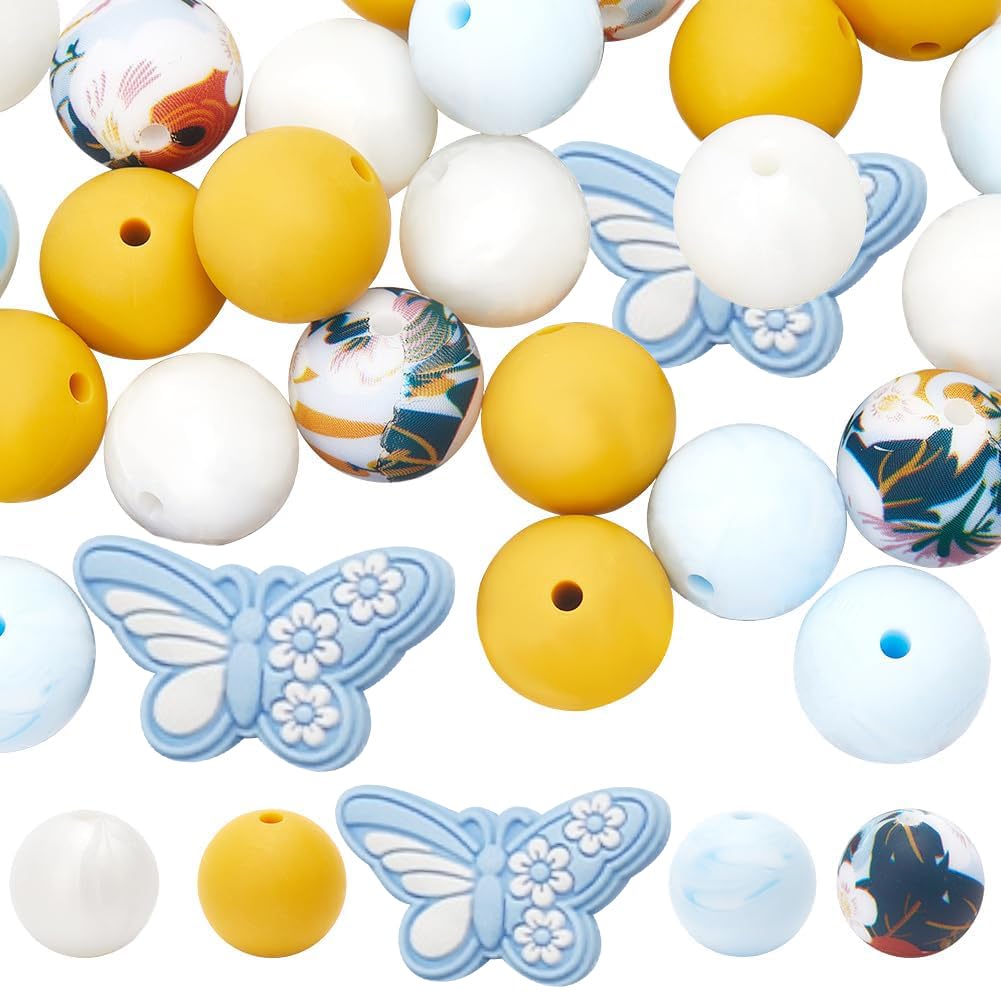 SUNNYCLUE 42Pcs Butterfly Silicone Beads Round Focal Bead Bulk Blue Butterflies Print Pen Beads with Hole Loose Spacer Craft Beads for Jewellery Making Beading Keychains Bracelets Earrings Supplies