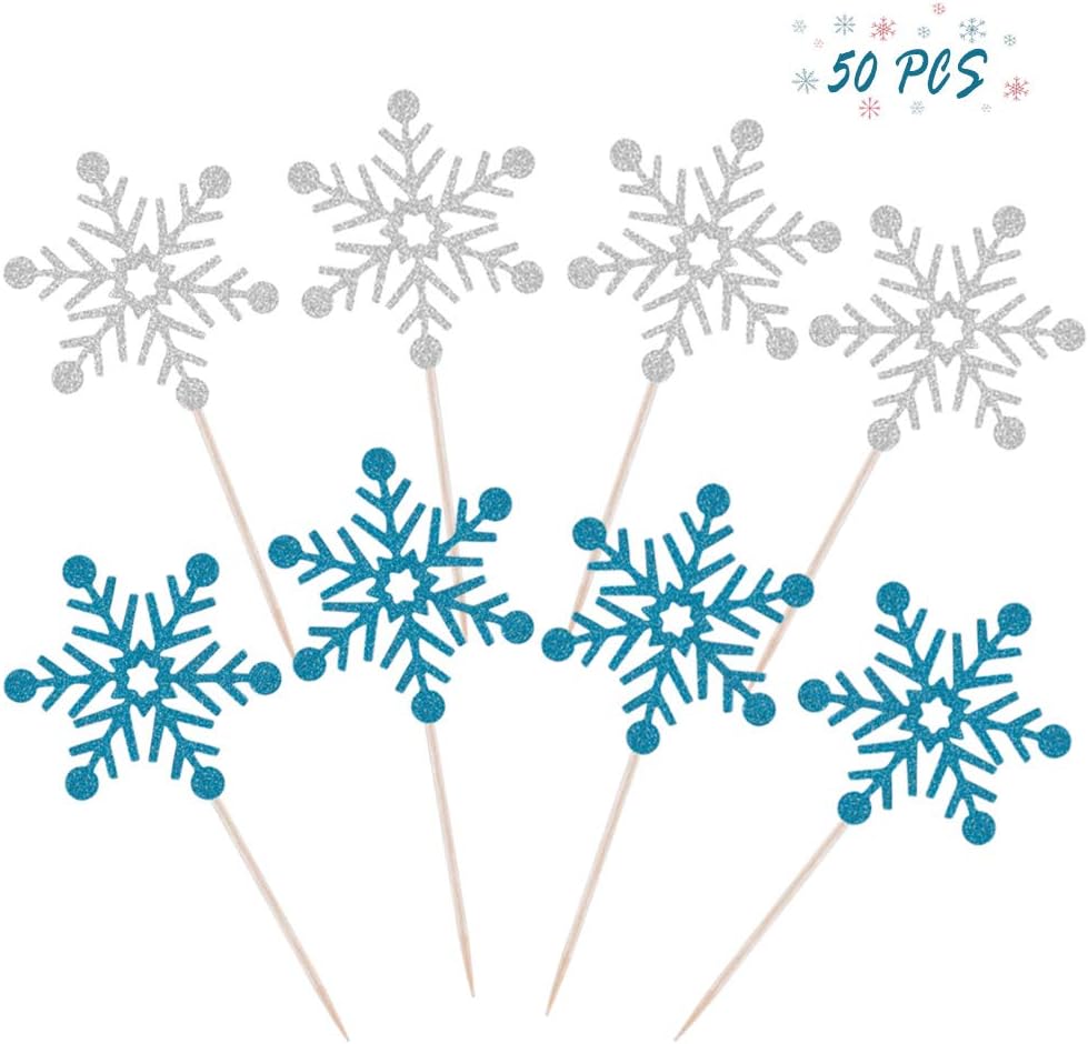 NPLUX 50 Pcs Snowflake Cupcake Toppers Glitter Snowflake Cake Topper Cupcake Picks for Wedding Christmas Birthday Party Cake Decorating Supplies