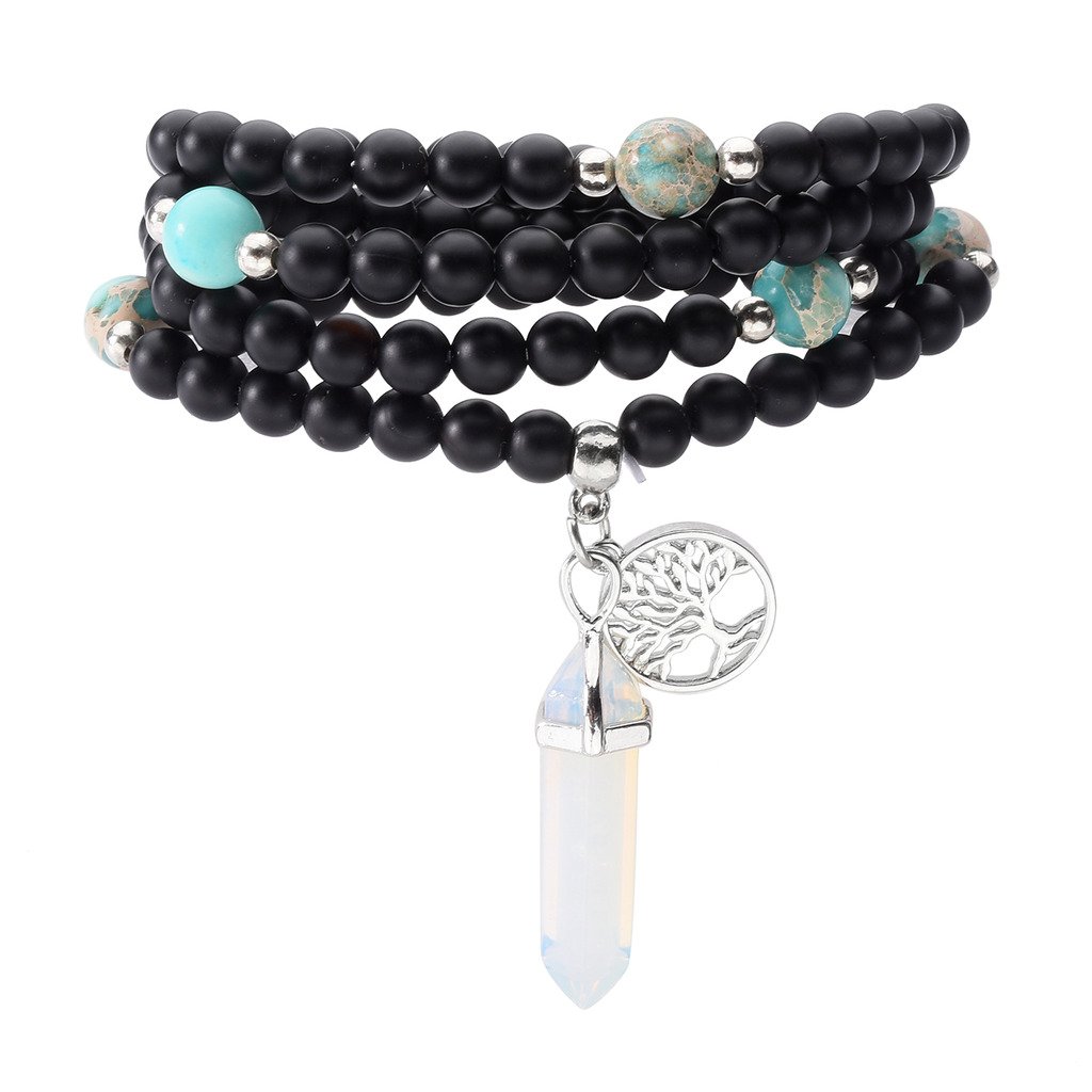 JOVIVI 6mm Matt Schwarz Achat Perlen Armband Buddha Armreif Wickelarmband Halskette mit Lebensbaum Hexagon Säulen Anhänger (Opalite)