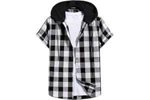 TXXEOSS Mens Short Sleeve Button Down Plaid Hooded T Shirts 2 in 1 Streetwear Shirts Summer Tops Fashion Casual Clothes